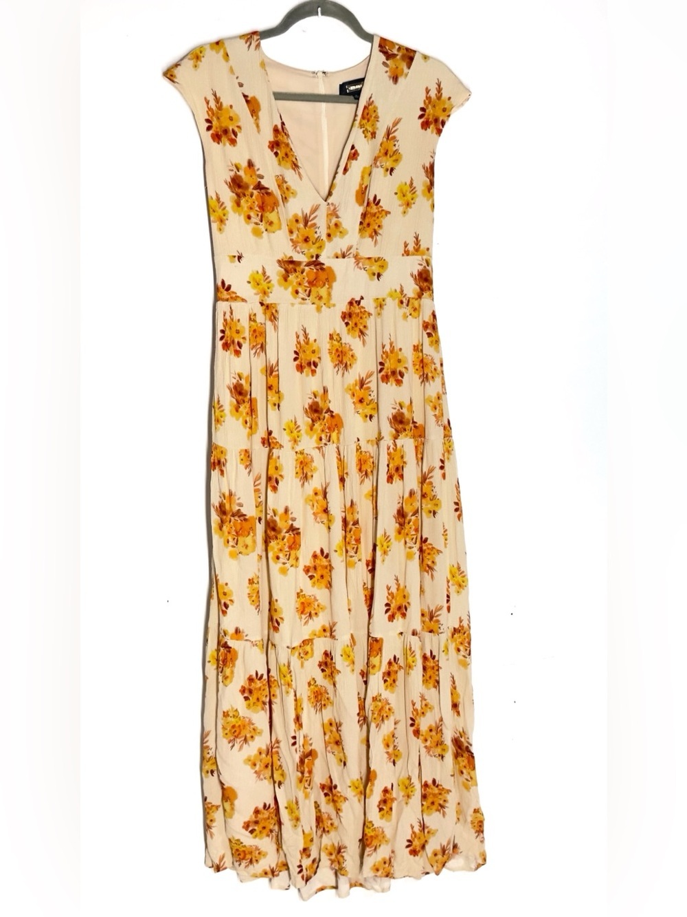 Alexia Admor Floral Print Maxi Cap Sleeve Dress Yellow V Neck Size 2